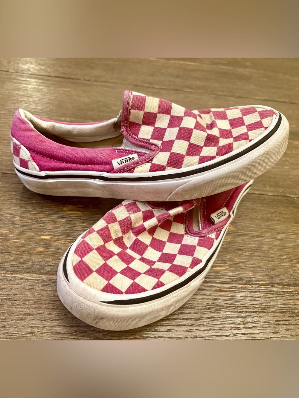 Vans Pink and Cream Checkerboard Slip-On Sneakers